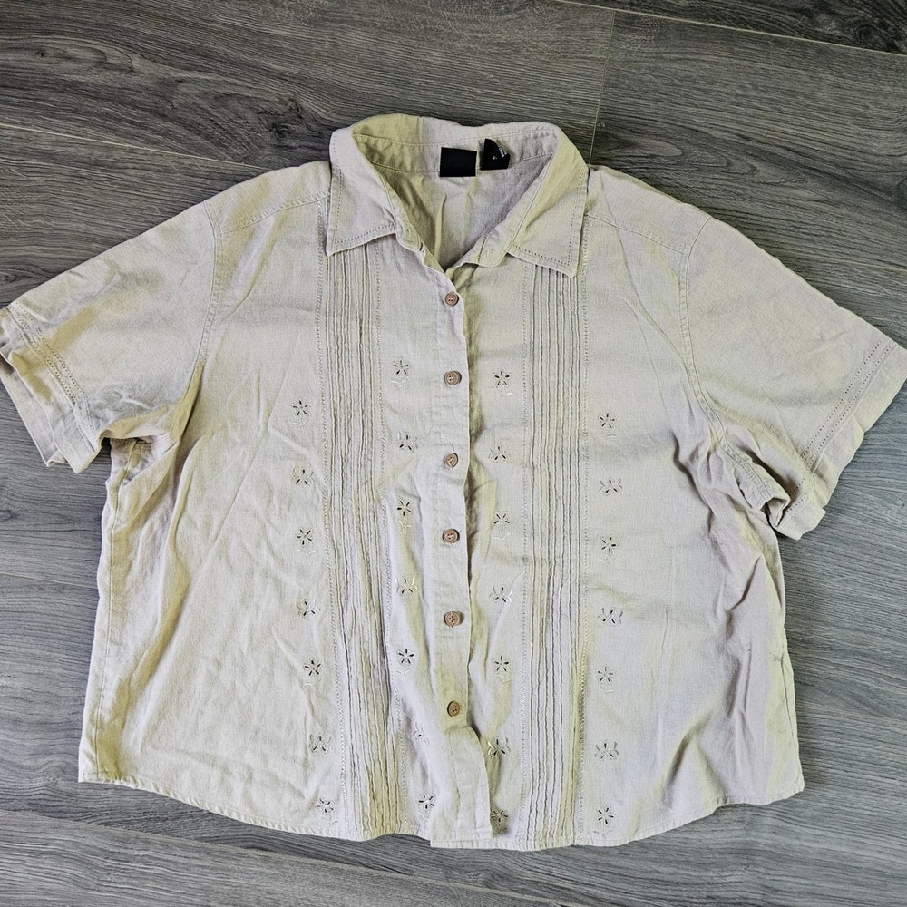 Erika Linen Blend Embroidered Eyelet Button Down Shirt Boho Coastal Grandma 2X